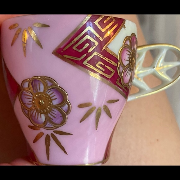 Antique pink and red Japanese bone China tea cup with gold painted accents